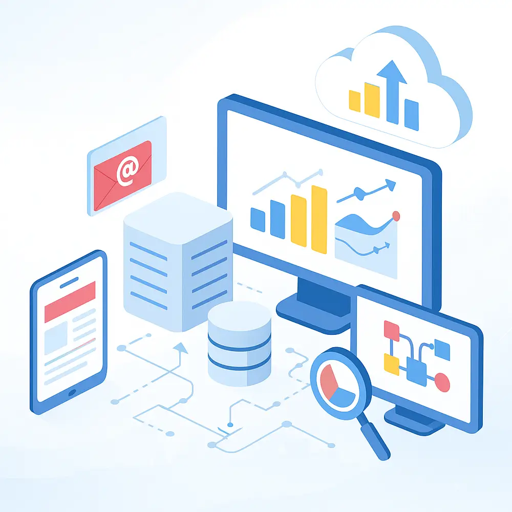 Isometric digital transformation illustration showing cloud analytics, data servers, dashboards, workflow diagrams, and mobile interfaces in blue and yellow tones - zia infotech